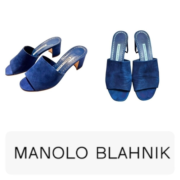 Manolo Blahnik Navy Blue Rapallato Soft Suede Banded Block Heel Sandals … - Picture 12 of 12
